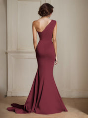 Elegant Khaki One Shouder Mermaid Ruched Long Satin Formal Dress