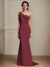 Elegant Khaki One Shouder Mermaid Ruched Long Satin Formal Dress