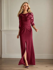 Robe fourreau en crêpe extensible prune pour mère de la mariée 