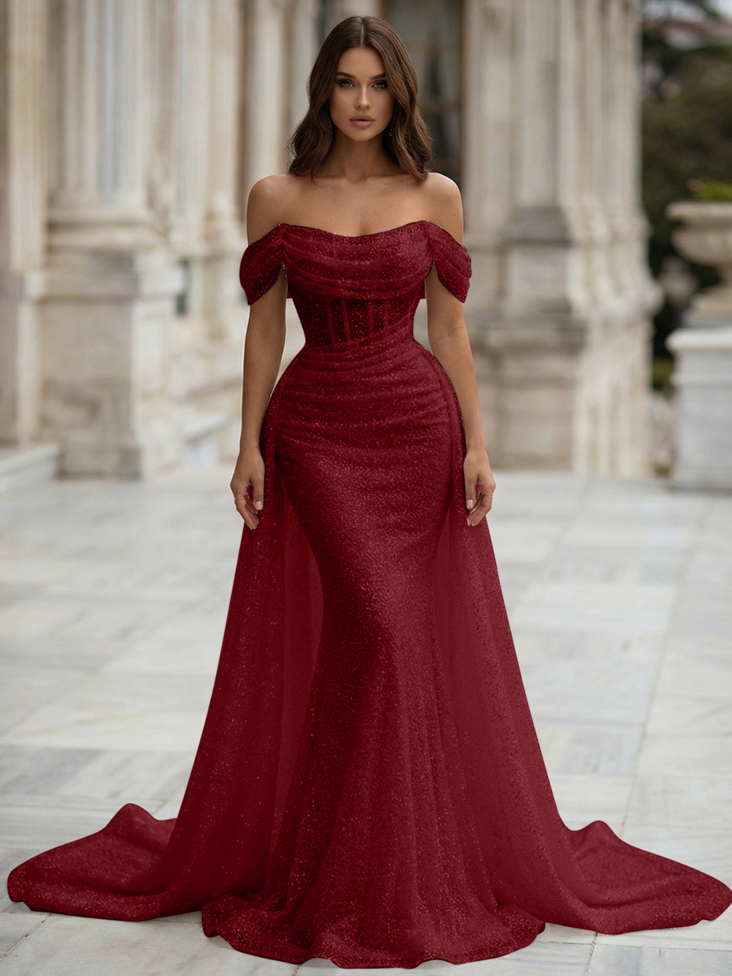 White Sequin Corset Mermaid Prom Dress with Overskirt