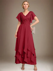 A-line V-Neck Ankle-Length Lace Chiffon Mother of the Bride Dress With Cascading Ruffles