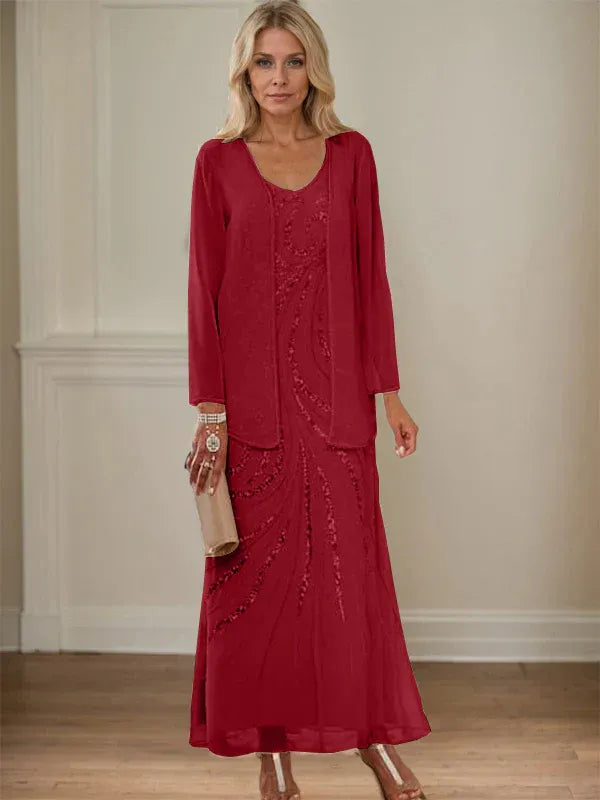 Robe de mère de la mariée fourreau/colonne, col en V, longueur cheville, avec veste et paillettes 