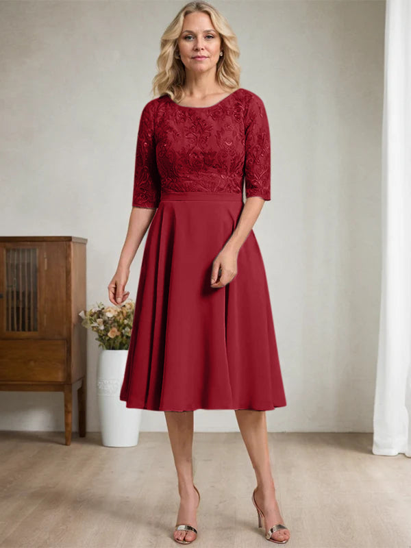 A-line Scoop Knee-Length Lace Chiffon Mother of the Bride Dress