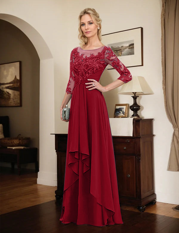 Robe de mère de la mariée trapèze en mousseline de soie et dentelle, longueur au sol, avec volants en cascade 