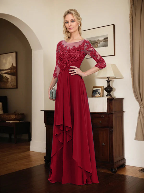 A-line Scoop Illusion Floor-Length Lace Chiffon Mother of the Bride Dress With Cascading Ruffles