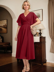 A-line V-Neck Tea-Length Chiffon Mother of the Bride Dress With Pleated Beading