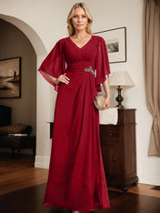Sheath/Column V-Neck Floor-Length Chiffon Mother of the Bride Dress With Pleated Sequins Beading