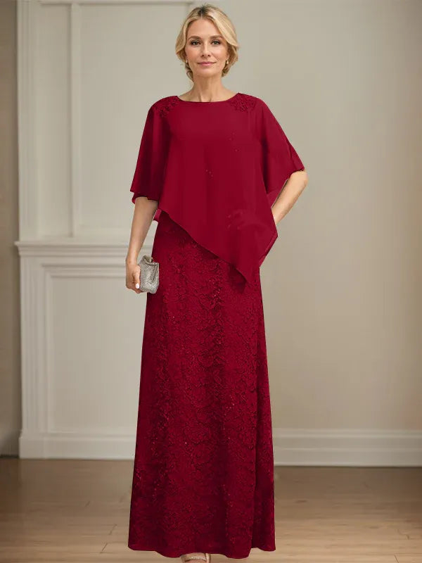 Column Scoop Floor-Length Chiffon Lace Mother of the Bride Dress With Sequins Beading