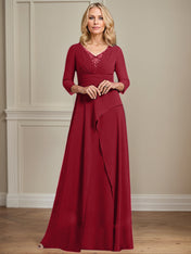 A-line V-Neck Floor-Length Chiffon Mother of the Bride Dress With Pleated Beading