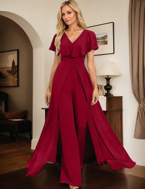 Pantsuit V-Neck Floor-Length Chiffon Evening Dress