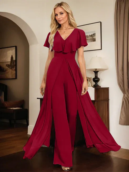 Pantsuit V-Neck Floor-Length Chiffon Evening Dress
