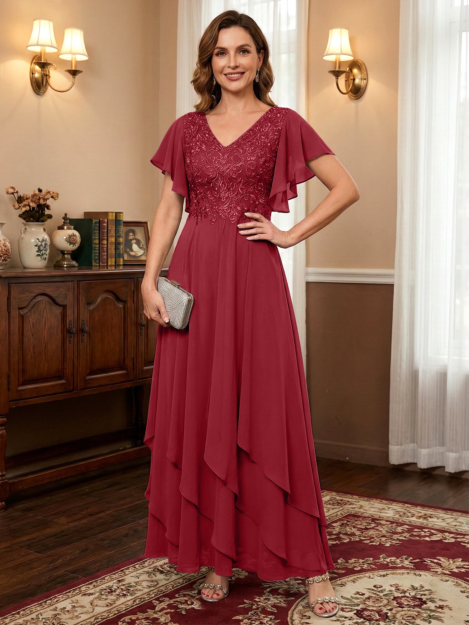 A-line V-Neck Ankle-Length Lace Chiffon Mother of the Bride Dress With Cascading Ruffles