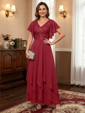 A-line V-Neck Ankle-Length Lace Chiffon Mother of the Bride Dress With Cascading Ruffles