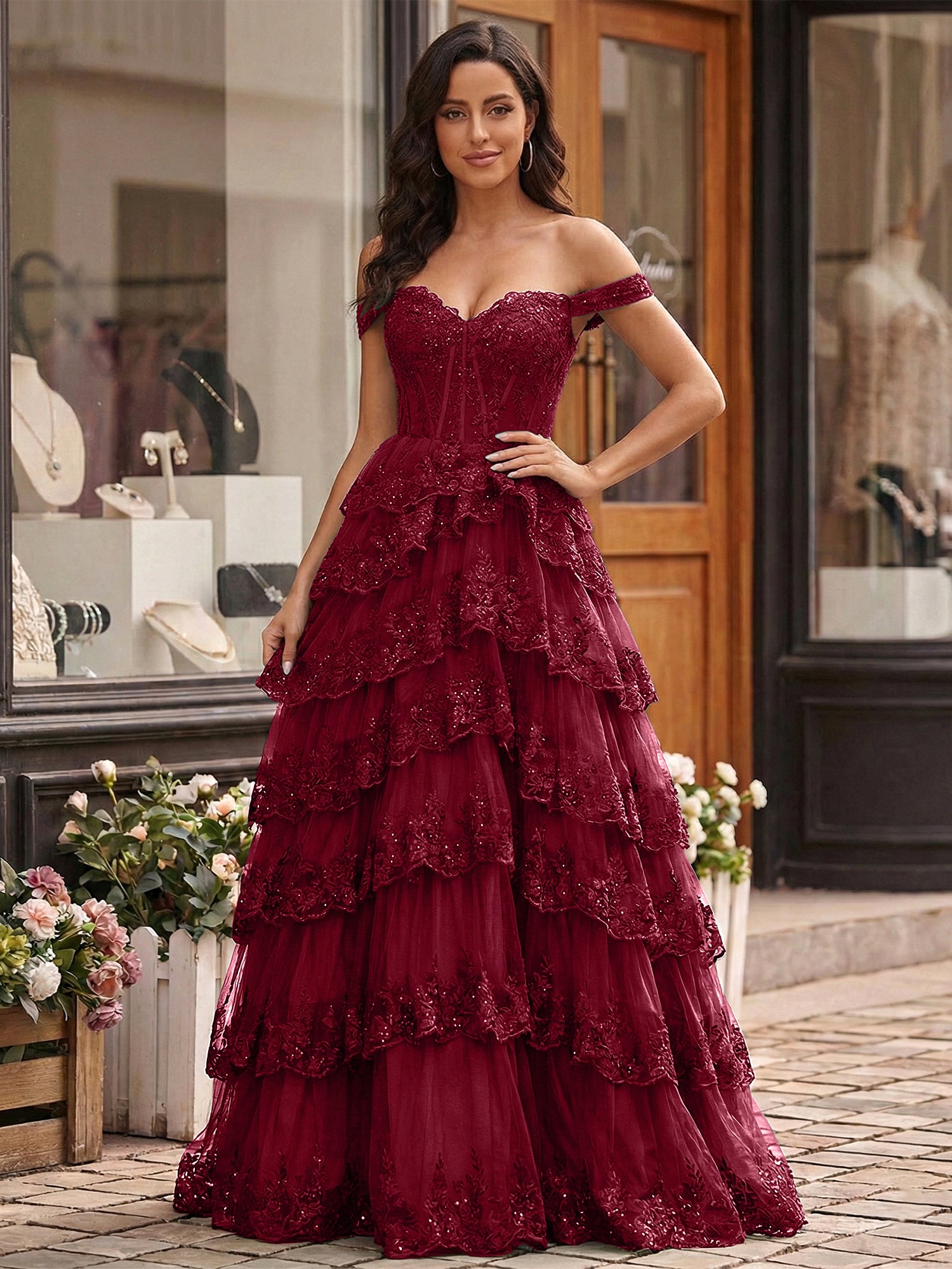 Emerald Green Lace Corset Tiered Ruffle Long Prom Dress with Slit