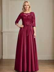 A-line Scoop Illusion Floor-Length Satin Lace Mother of the Bride Dress With Sequins Bow