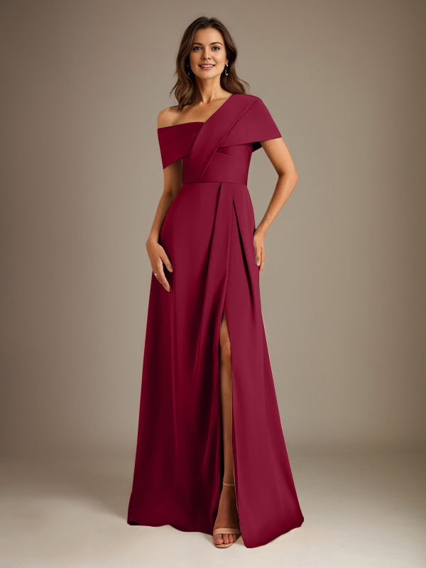 A-Line Asymmetrical Neckline Floor-Length Satin Mother of the Bride Dress With Pleated