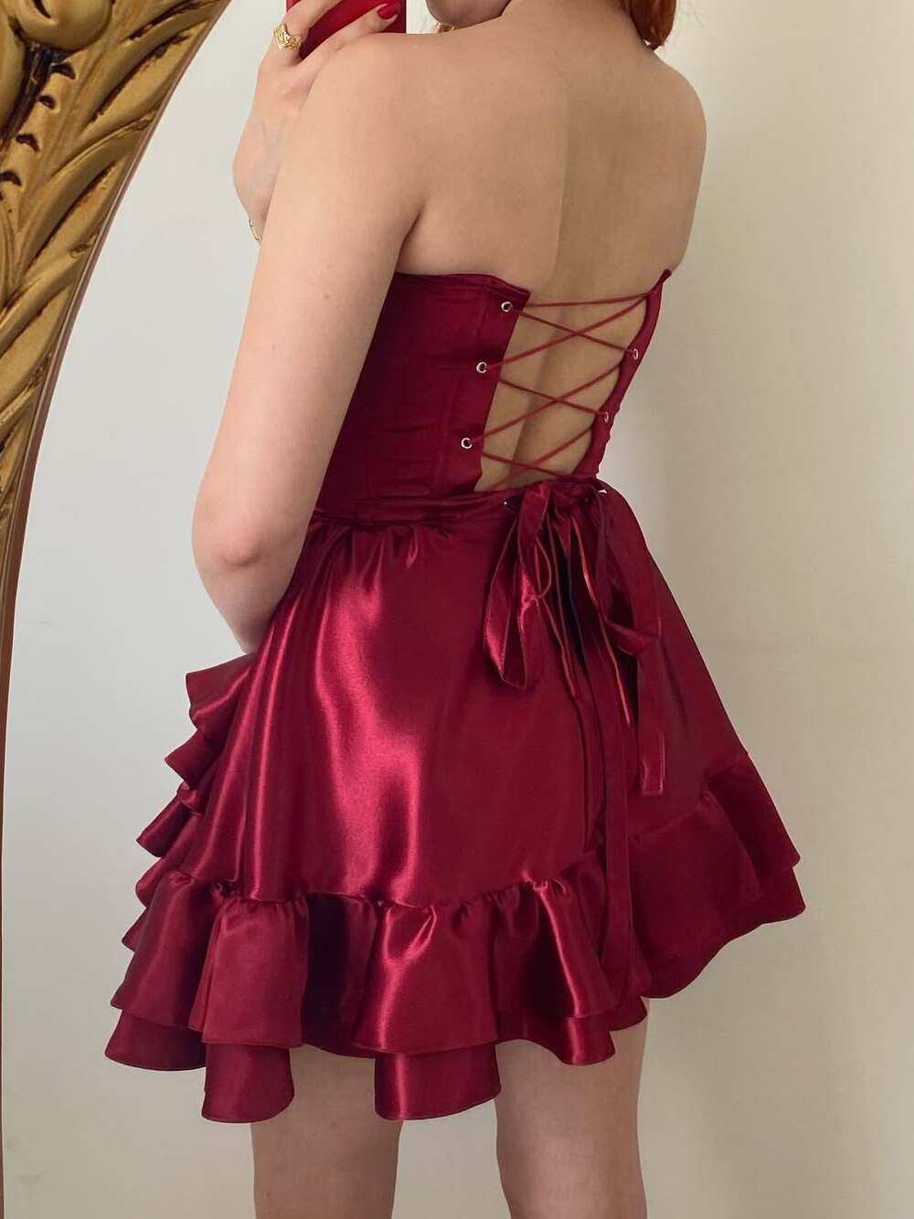 Burgundy A-Line Strapless Tiered Short Homecoming Dress