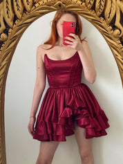 Burgundy A-Line Strapless Tiered Short Homecoming Dress