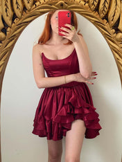 Burgundy A-Line Strapless Tiered Short Homecoming Dress