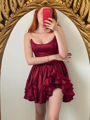 Burgundy A-Line Strapless Tiered Short Homecoming Dress