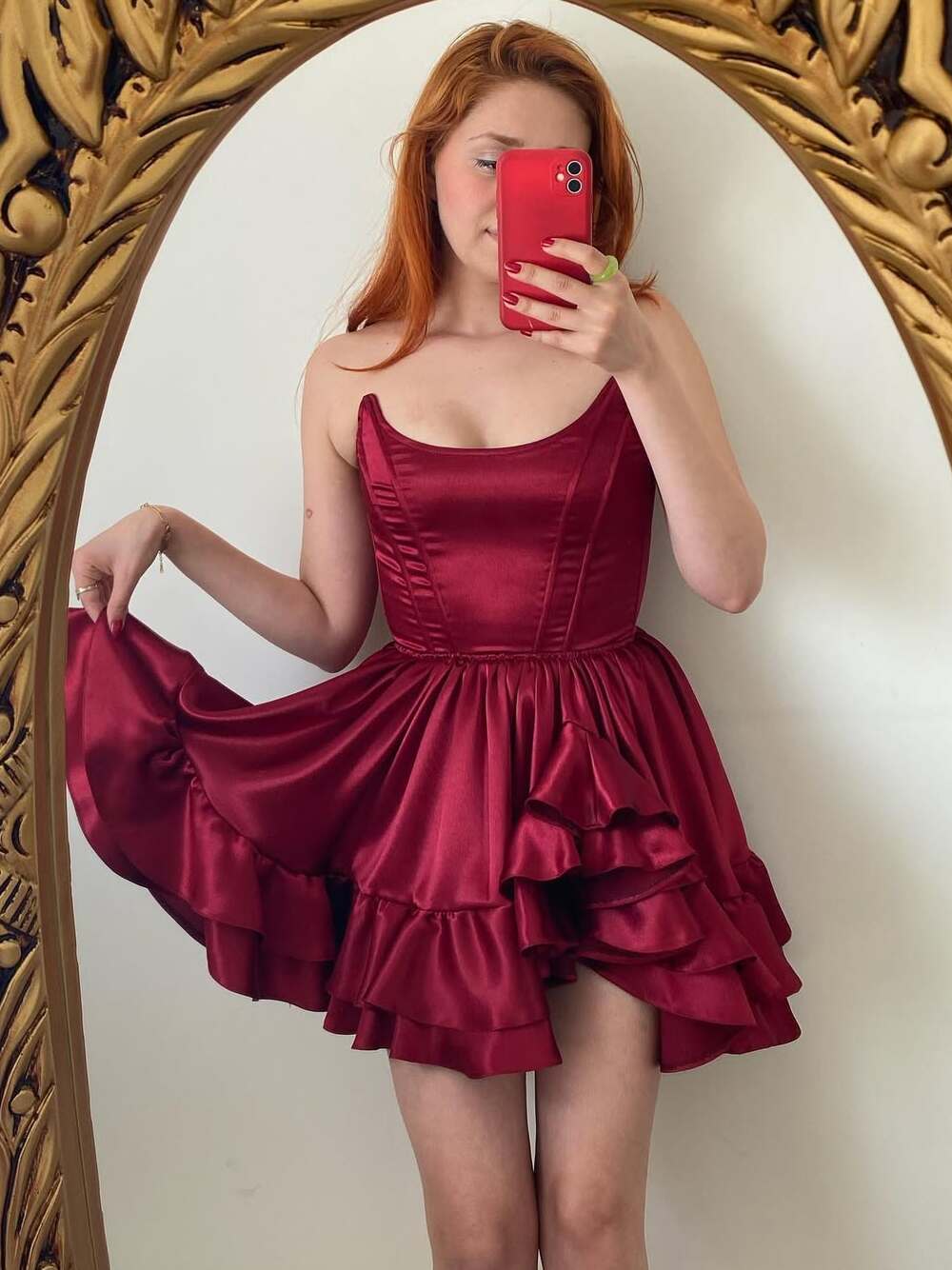 Burgundy A-Line Strapless Tiered Short Homecoming Dress
