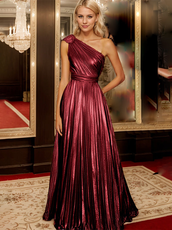 Golden A Line One Shoulder A Line Pleated Metallic Long Formal Dress