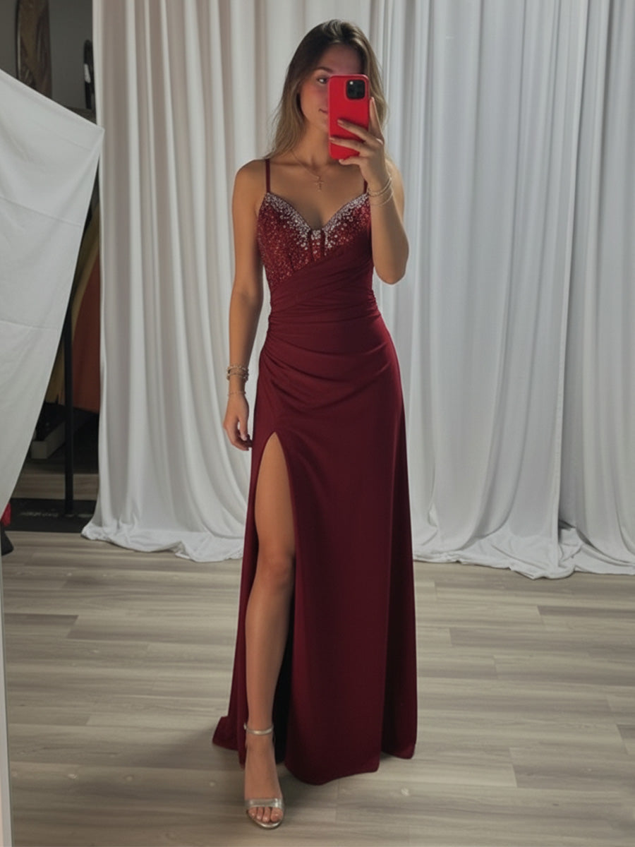 Burgundy Beaded V Neck Corset Bodice Long Prom Dress with Slit