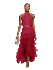 A Line Pink Chiffon Halter Neck Sleeveless Ankle Length Dress With Cascading Ruffles