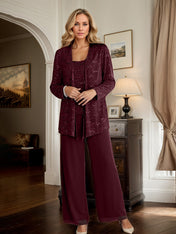 Burgundy Chiffon Mother of the Bride Pantsuits with Jacket & Sequins