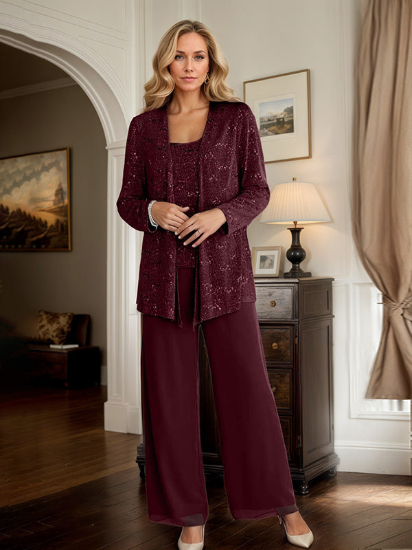 Burgundy Chiffon Mother of the Bride Pantsuits with Jacket & Sequins
