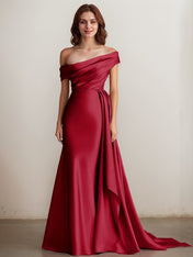Elegant Champagne Off the Shoulder Long Formal Dress with Side Cape
