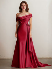 Elegant Champagne Off the Shoulder Long Formal Dress with Side Cape