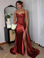 Green Mermaid Spaghetti Straps Bodice Long Prom Dress with Beads