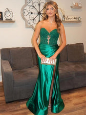 Burgundy Mermaid Sweetheart Applique Ruched Prom Dress with Slit
