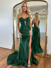 Burgundy Mermaid Sweetheart Applique Ruched Prom Dress with Slit