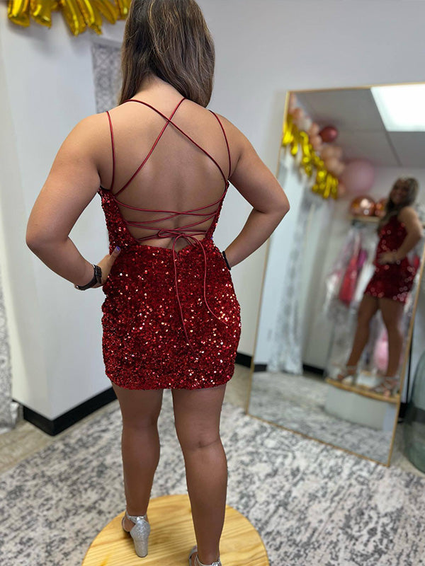 Burgundy Sequin Straps Bodycon Homecoming Party Dress