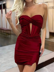 Burgundy Sweetheart Bodycon Short Satin Homecoming Dress With Slit
