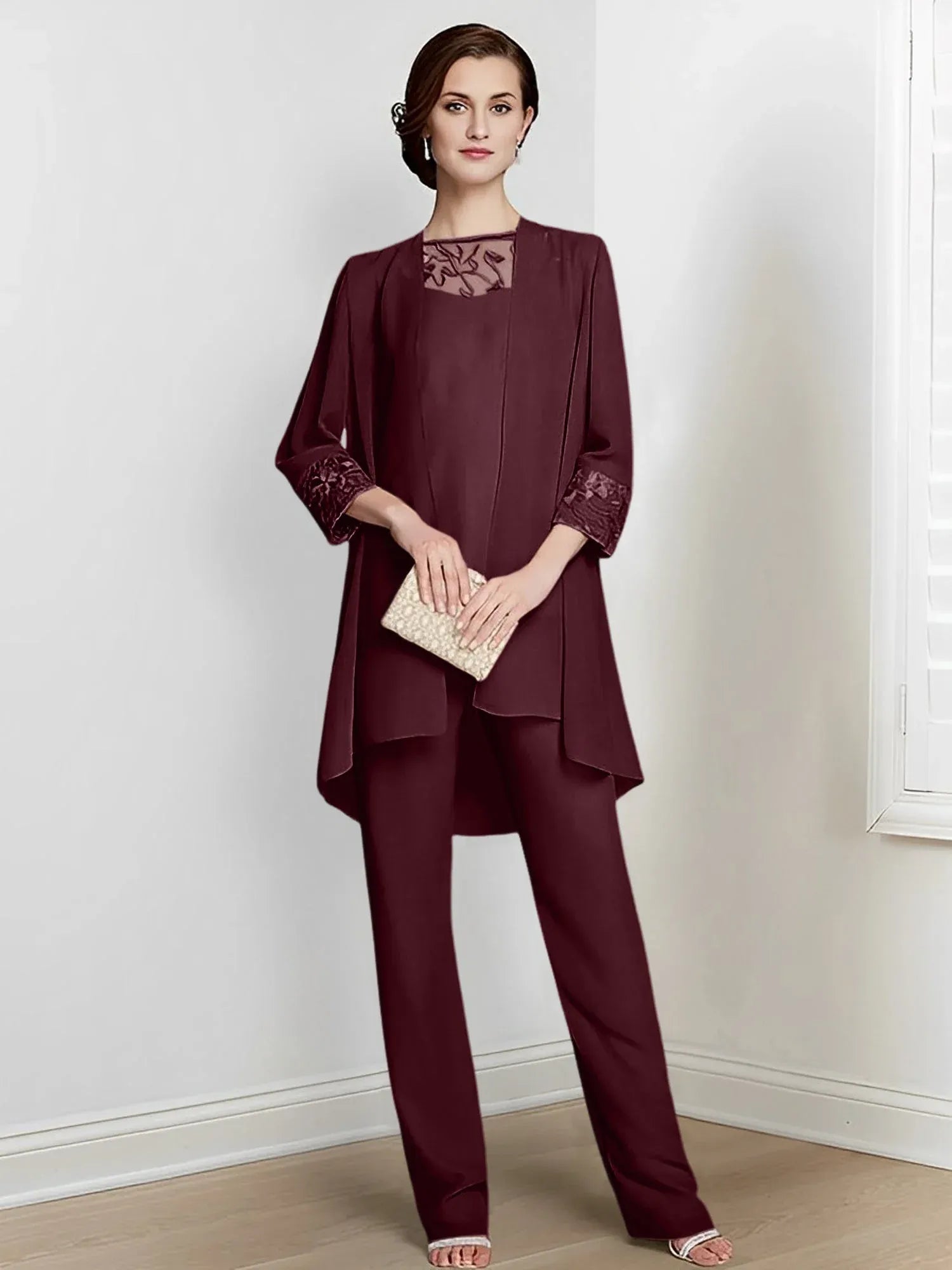 Tailleur-pantalon en mousseline à manches longues pour mère de la mariée avec veste 