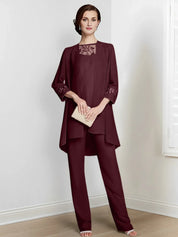 Tailleur-pantalon en mousseline à manches longues pour mère de la mariée avec veste 