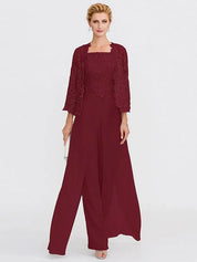 Ensemble 3 pièces en mousseline de soie avec col carré et veste pour mère de la mariée 
