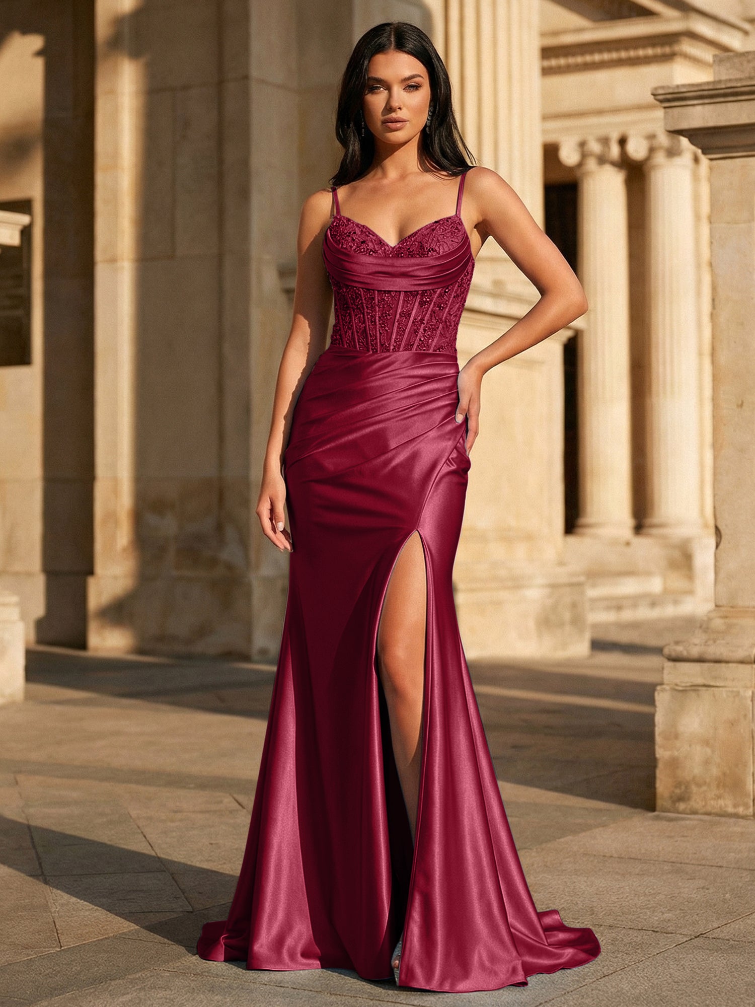 Sky Blue Satin Corset Long Prom Dress with Draped Neckline