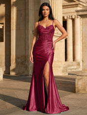 Sky Blue Satin Corset Long Prom Dress with Draped Neckline