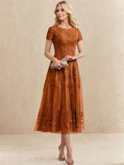 A-line Scoop Tea-Length Tulle Lace Mother of the Bride Dress
