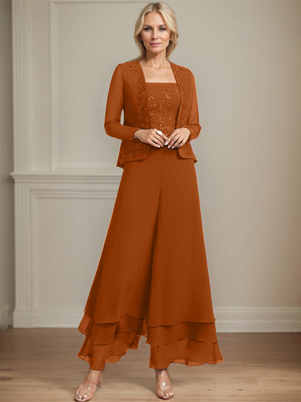 Robe de mère de la mariée en mousseline de soie, longueur cheville, avec sequins, combinaison/tailleur carré 