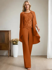 Separates Jumpsuit/Pantsuit Scoop Floor-Length Chiffon Lace Mother of the Bride Dress With Beading Sequins