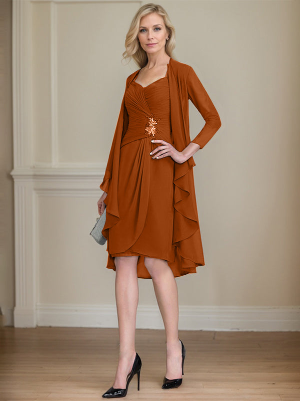 Column Sweetheart Knee-Length Chiffon Mother of the Bride Dress With Beading Appliques Lace Sequins Pleated