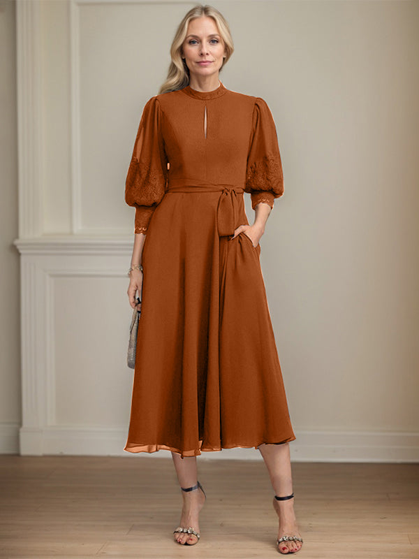 A-line High Neck Tea-Length Lace Chiffon Mother of the Bride Dress With Bow