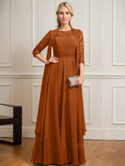 A-line Scoop Illusion Floor-Length Lace Chiffon Mother of the Bride Dress With Pleated