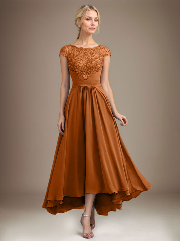 A-line Scoop Illusion Asymmetrical Lace Chiffon Mother of the Bride Dress With Pleated