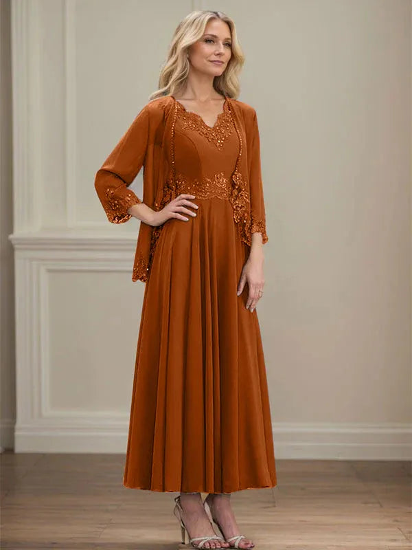 Robe de mère de la mariée trapèze en mousseline de soie, col en V, longueur cheville, avec appliques à paillettes et perles en dentelle 